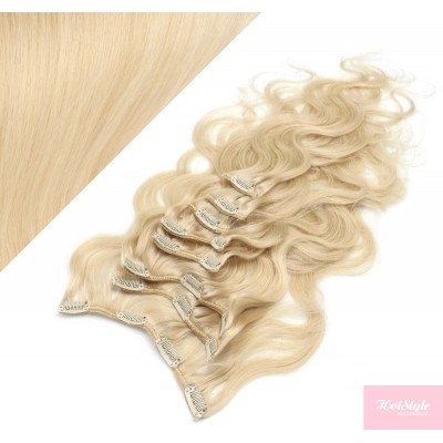 Clip in vlnité vlasy pravé ľudské REMY 53 cm - najsvetlejšia blond