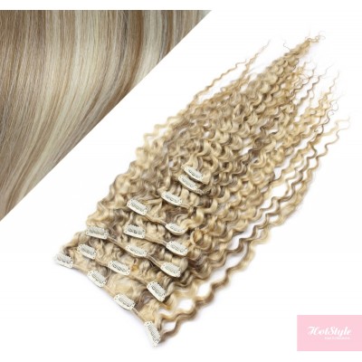 Clip in kučeravé vlasy 100% ľudské REMY 53 cm - platina/svetlo hnedá