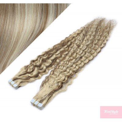 Vlasy pre metódu Tapex / Tape Hair / Tape IN 50cm kučeravé - platina / svetlo hnedá